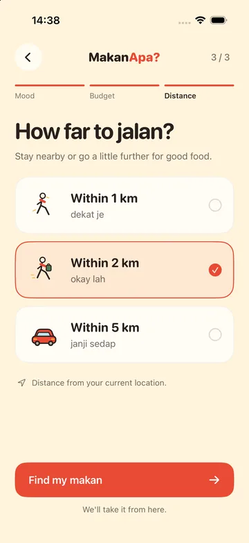 Distance step with within 1 km Close by, 2 km Short trip and 5 km Worth the trip