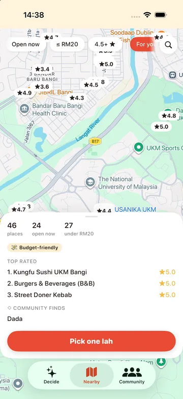 Nearby map with top-rated places and community finds